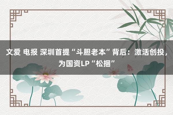 文爱 电报 深圳首提“斗胆老本”背后：激活创投，为国资LP“松捆”